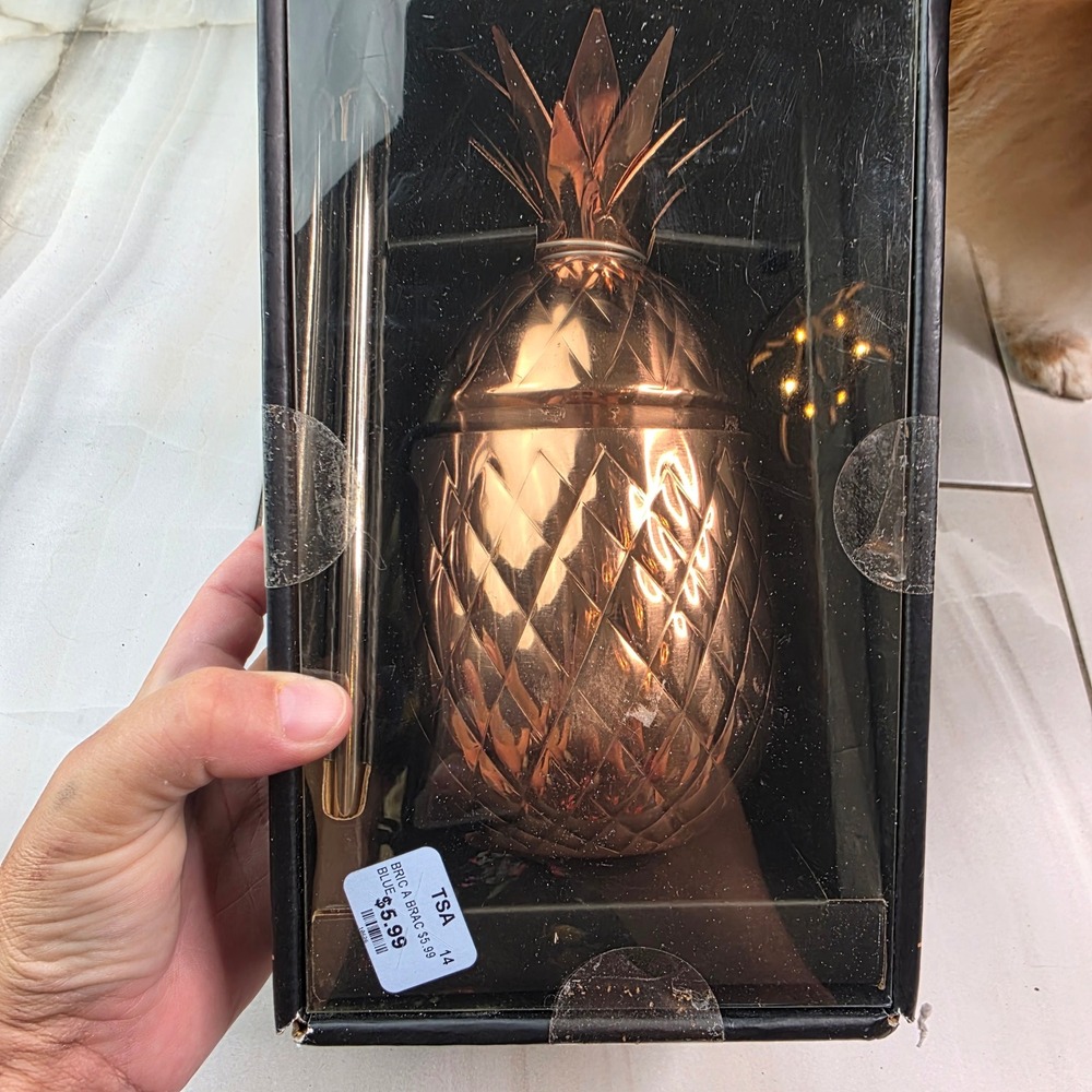 Godinger Copper Plated Stainless Steel Pineapple Tumbler with Straw 20oz 6207 T1 - Picture 4 of 16